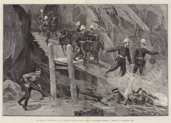 Das Militärturnier, No 10 Mountain Battery überquert eine Spar-Brücke über eine Lücke in einem Gebirgspass